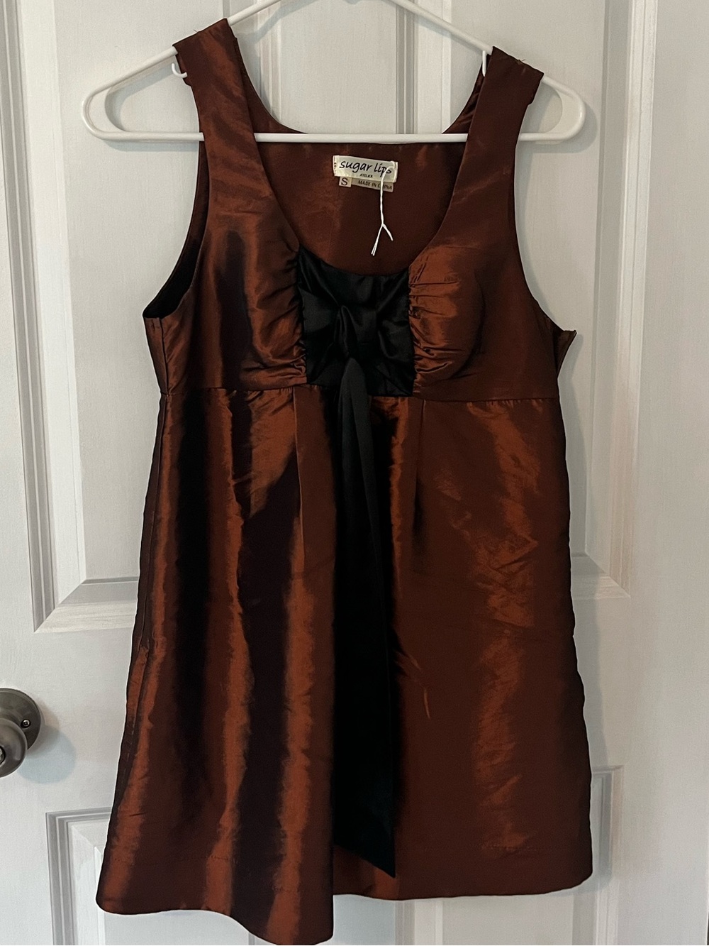 Sugarlips Copper Brown Satin Tank Dress with Black Bow